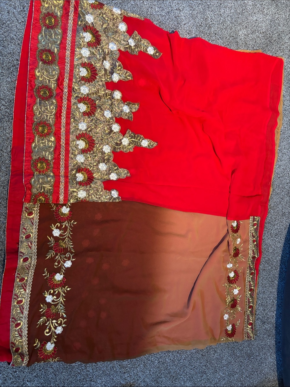 Red & Brown Embroidered Saree with Gold Accents